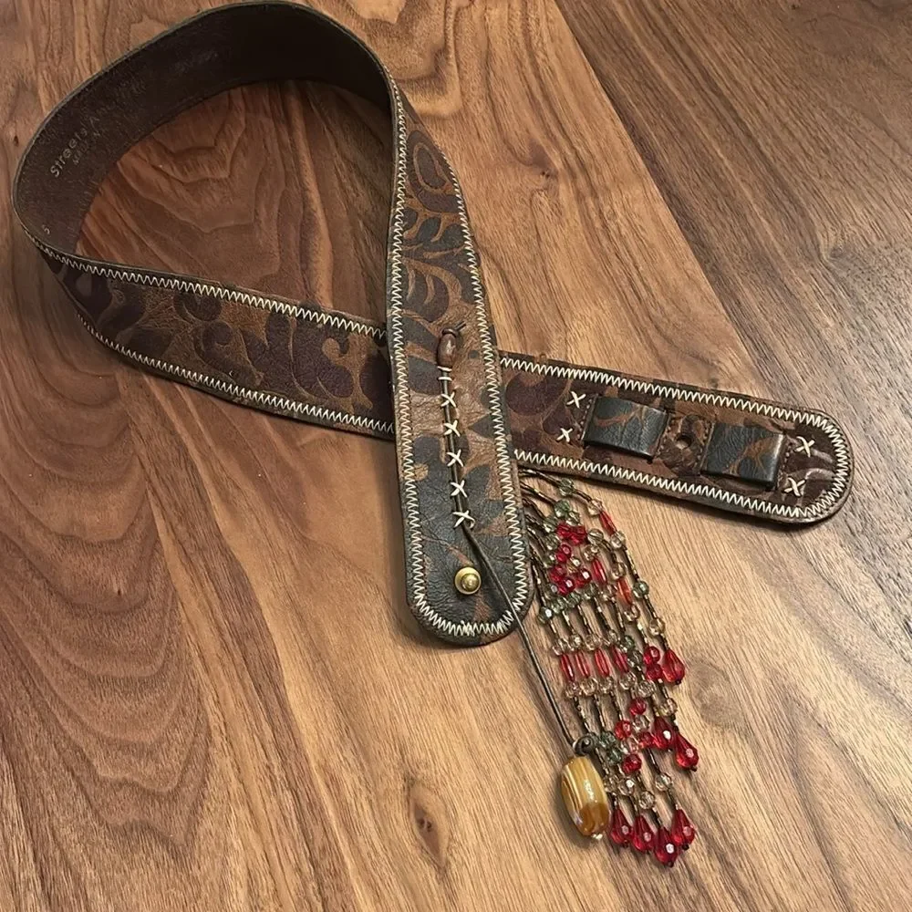 Streets Ahead Brown Leather Belt with Beaded Fringe - S